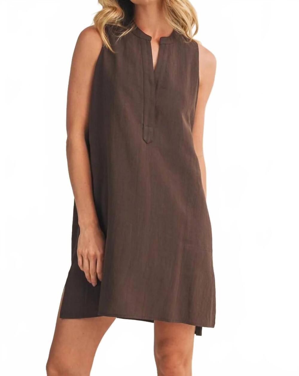 NEW MUSTARD SEED sleeveless stand collar shift dress in dark espresso
